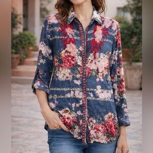 Vintage Goa Floral Embroidered Button Down Shirt Boho Cottagecore M NWT